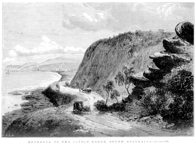 Entrance to the Little Gorge, looking towards Normanville, from the Illustrated Australian News, 20 May 1871, p. 97